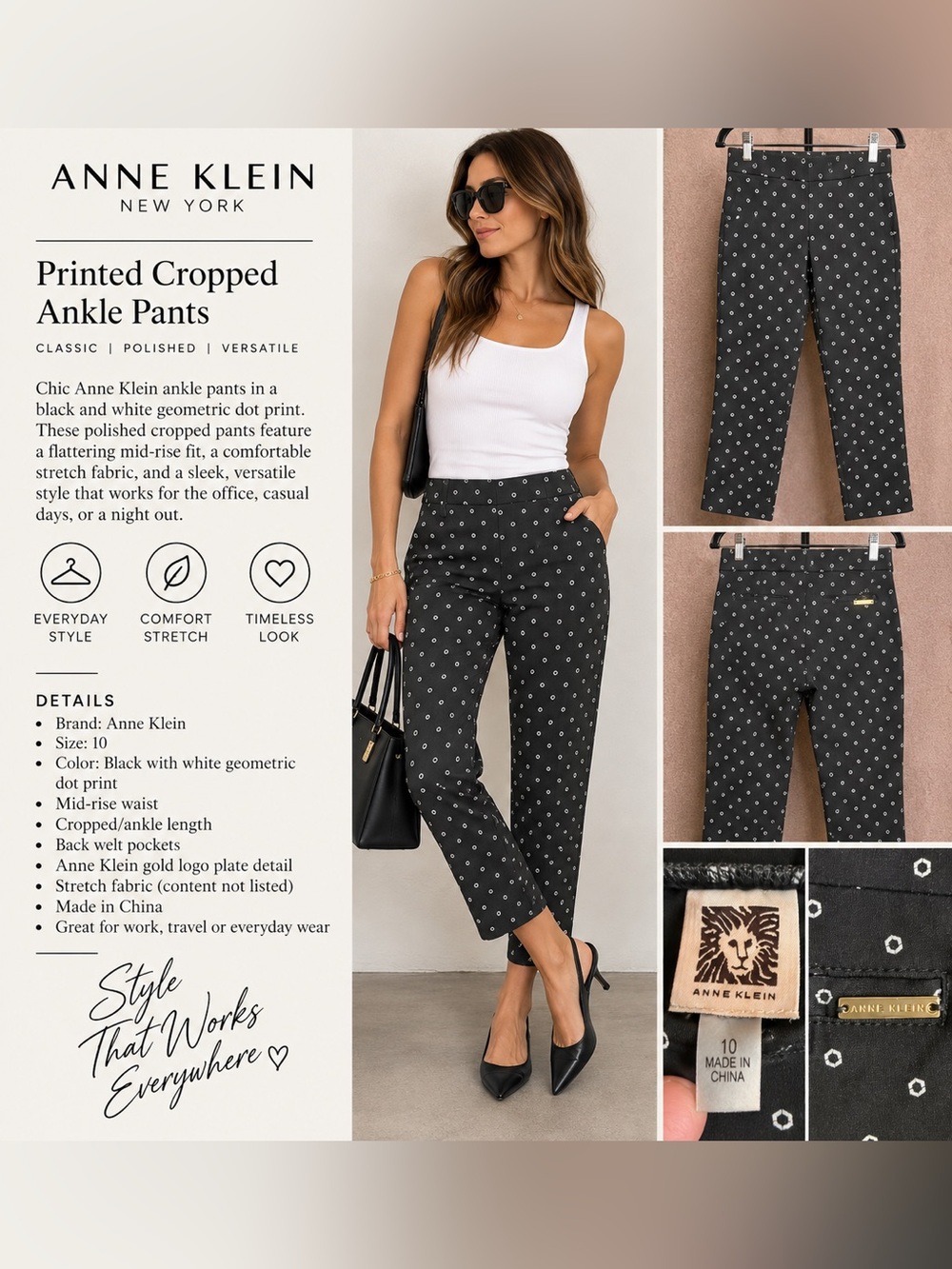 Anne Klein Black White Geometric Print Cropped Ankle Pants Size 10